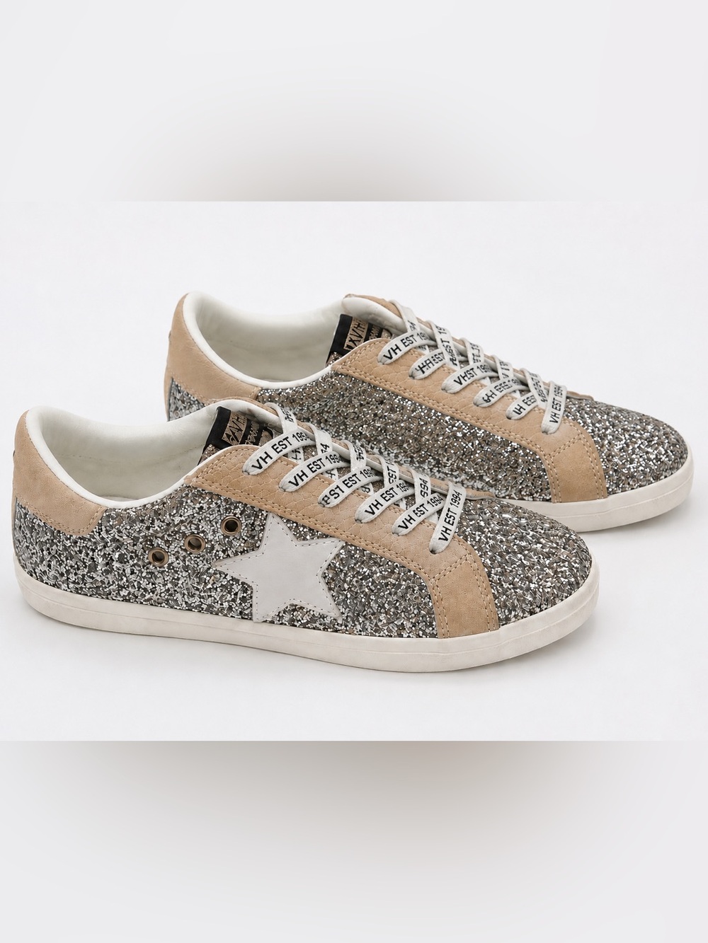 EUC Vintage Havana SZ 11 Silver Glitter & Tan Low-Top Sneakers leather/silver